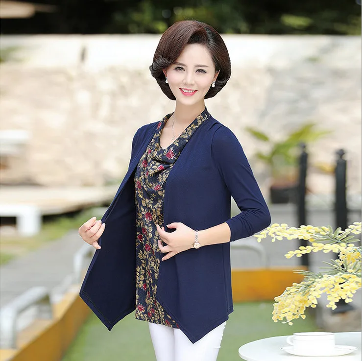 dark blue 2859 Поддельные топы из двух частей женские футболки с длинными рукавами весна осень большой размер средний возраст футболка для матерей рубашки с принтом - Цвет: dark blue 2859
