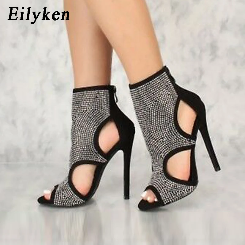 

Eilyken Spring Summer Design Diamond Rhinestone Women Ankle Sandals Boots Sexy Peep Toe Zipper High Heels Shoes Ladies Sandals