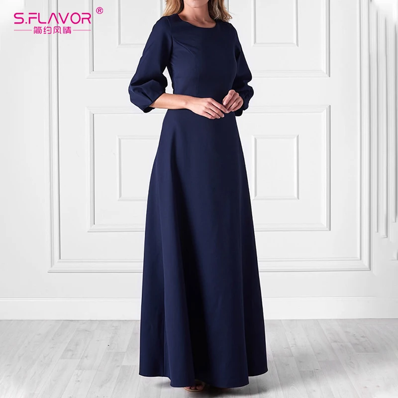 

S.FLAVOR Three Quarter Sleeve Solid Long Dress 2019 Autumn Vintage O Neck Casual Dresses Fashion Elegant Party Vestidos