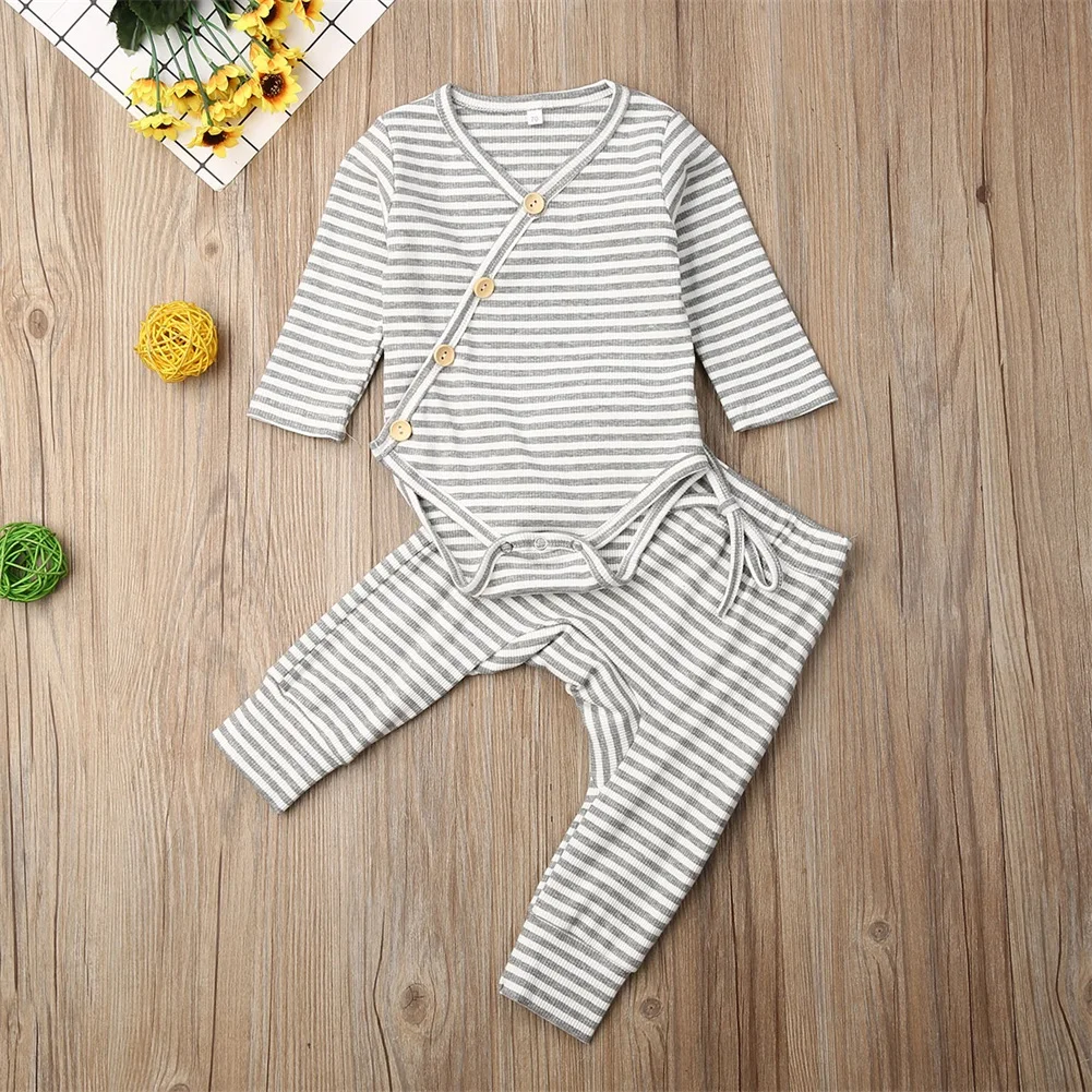 Autumn Clothes 2PCS Newborn Baby Girl Boy Clothes Knitted Striped Romper V Neck Button Jumpsuit Trouser Outfit Baby Set 0-18M