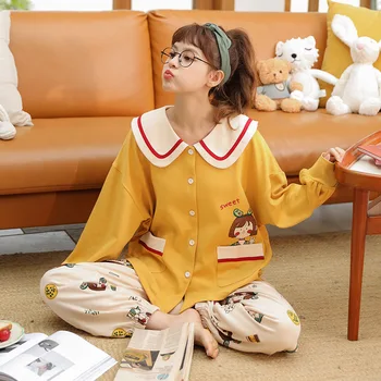 

Long-Sleeved Pajamas Women'S Spring Autumn 100% Cotton Korean Cardigan Sweet Cartoon Home Service Two-Piece Suit Sleepwear