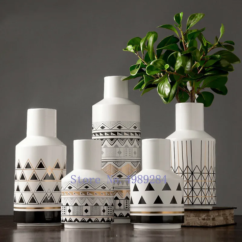 Креативные скандинавские белые керамические цветочные вазы с геометрическим узором цветочные композиции аксессуары современные декоративные для дома украшения
