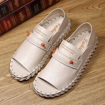 

Summer Outdoor Beach Sneaker Hand Made Slip-on Men Leisure Sandals Pu Leather Sandals For Mens Beige Men Sandals Walking