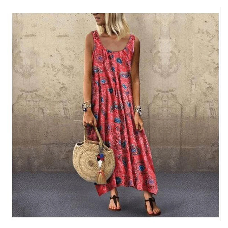 

Leisure Vacation Printing Sexy Round Neck Sleeveless Long Dress Female Summer Fashion Breathable Comfortable Female Skirt