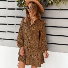 

2022 New Summer Leopard Print Women Loose Dress Casual Long Sleeve V-neck Female Holiday Mini Dresses