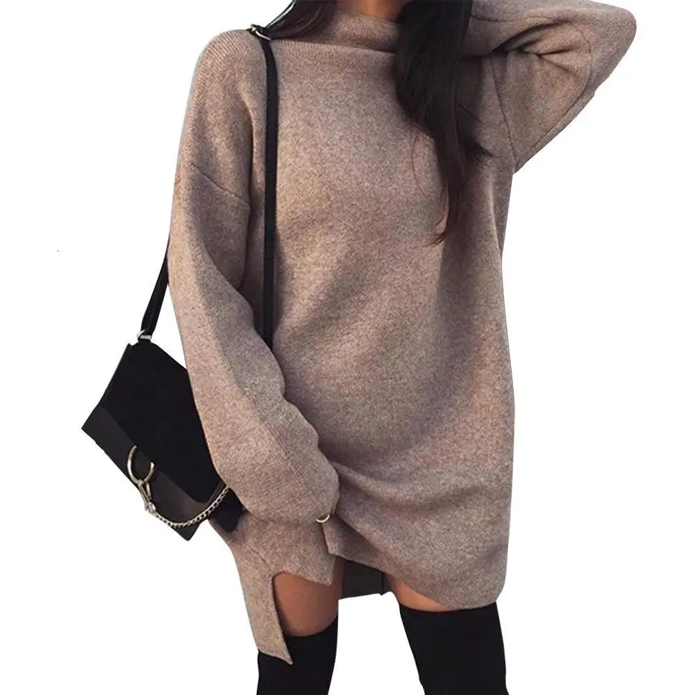 Осень зима теплый длинный рукав женский вязаный свитер платье белая водолазка свитера пуловер Джемпер Женская одежда - Цвет: brown