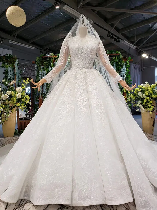 as picture HTL909 бальное платье мусульманское подвенечное платье Свадебные платья Полный кружева v-образным вырезом кружева сзади Свадебные платья с длинным рукавом платье - Цвет: as picture