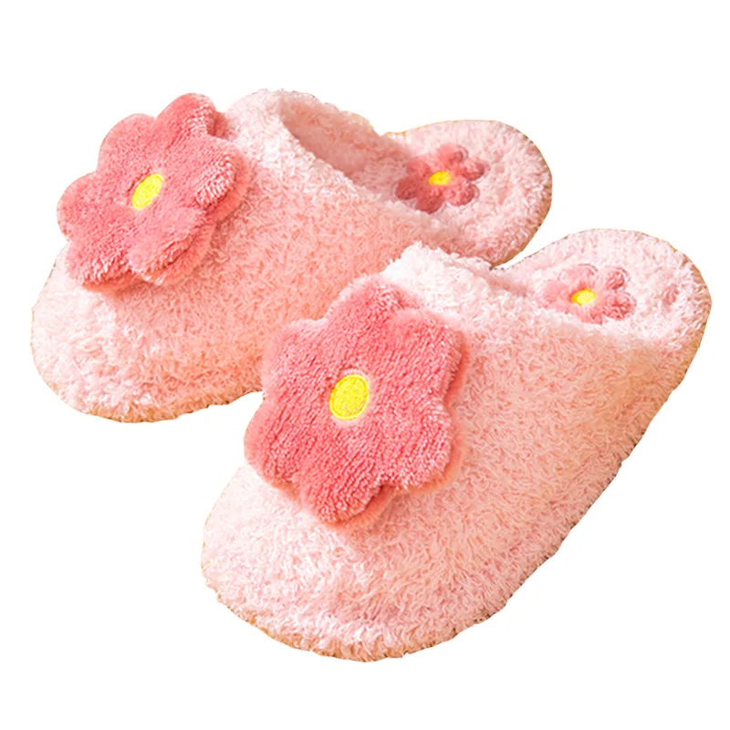 Cartoon Children Home Slippers Teenage Cute Flower Slipper Winter Warm Non-slip Shoes Kids Girl Thick Plus Velvet Sleepwear Shoe