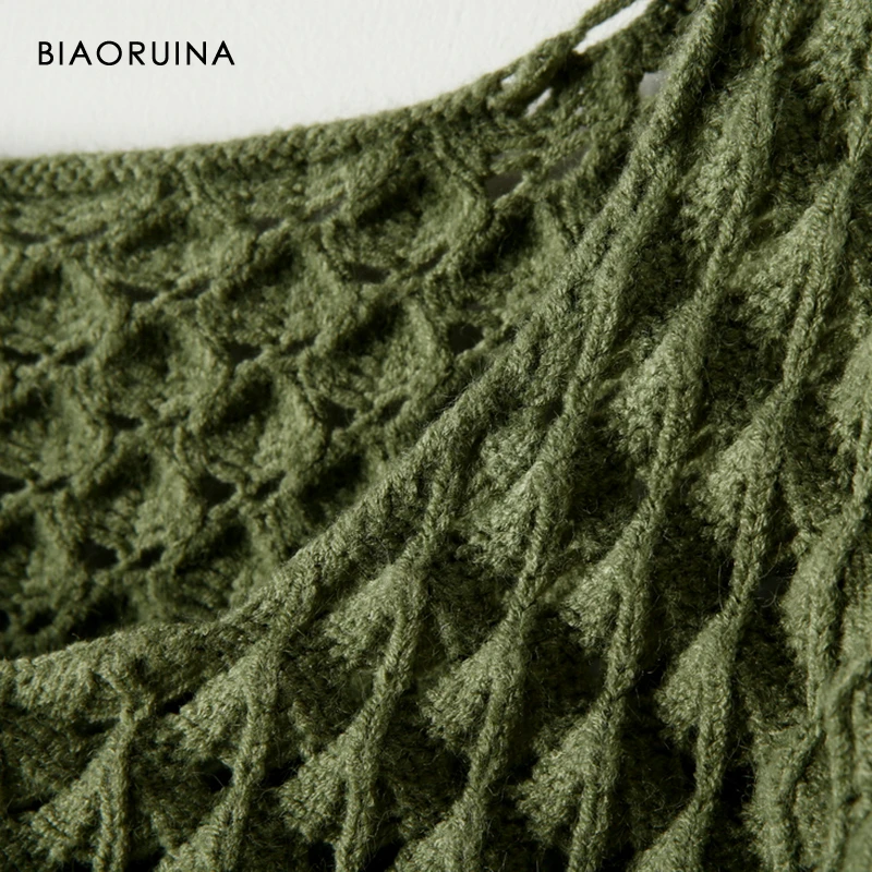 BIAORUINA женский армейский зеленый однотонный Повседневный вязаный свитер с глубоким круглым вырезом женский модный Свободный пуловер один размер