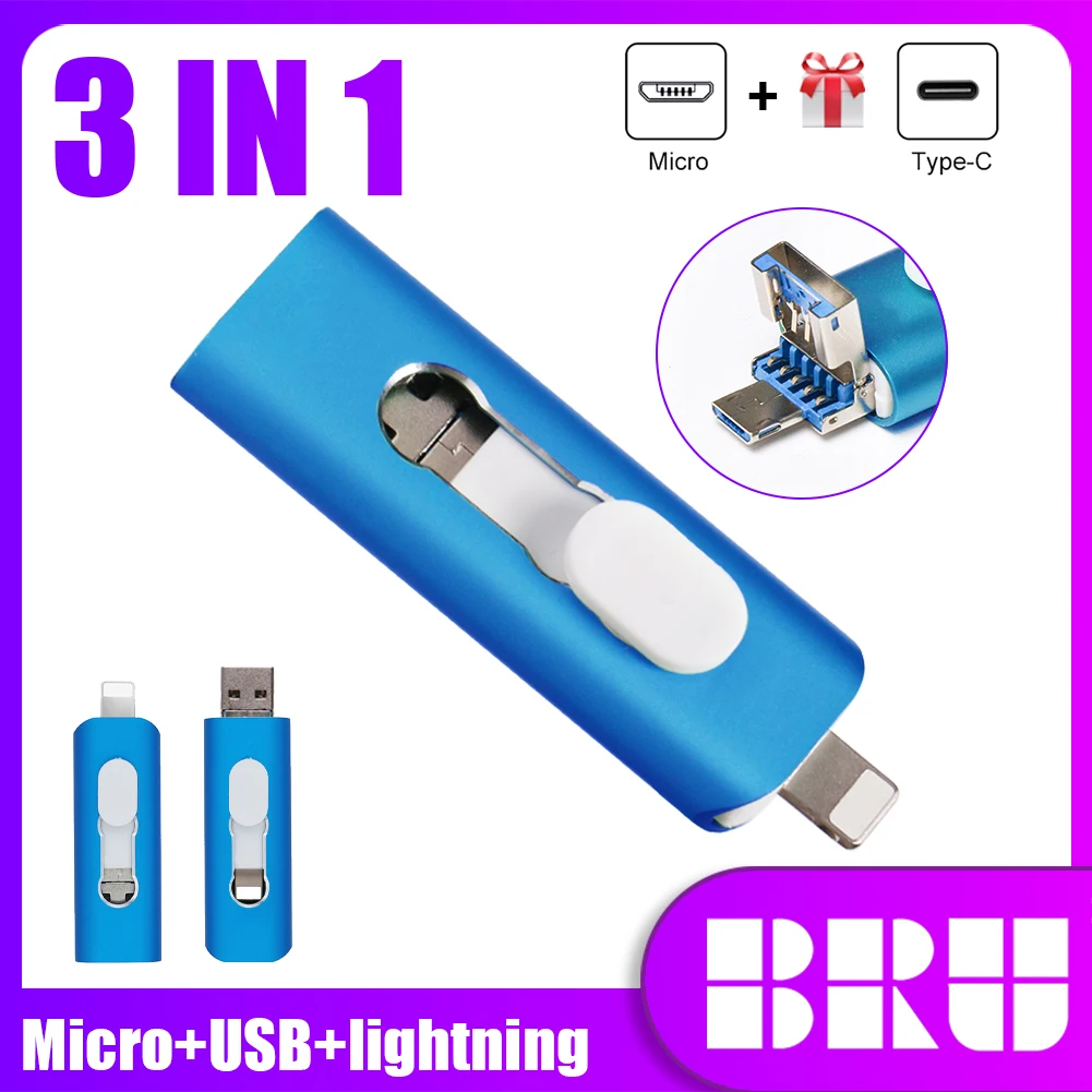 BRU 3в1 USB3.0 флеш-накопитель 64 Гб 128 OTG Pendrive для iPhone iPad TYPE C Android Phone Pen Drive 256 ГБ |