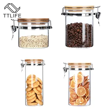 

Glass Storage Tank Jars with Bamboo Lids Sealed Coffee Bean Grain Can Kitchen Tool Large Containers Food Items Cereal Dispenser