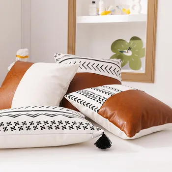 

Pu Leather Cotton Linen Patchwork Sofa Cushion Cover Mediterranean Chic Pillow Covers Decorative Throw Pillow Covers Home Decor