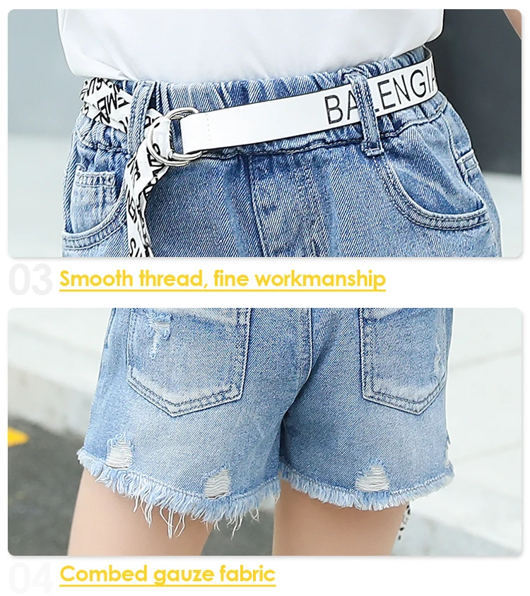 Cheap Summer Children Girls Clothes Ruffle Sleeve White T-shirt Two Piece Outfits Short Denim Pants Clothing Sets For Girls
