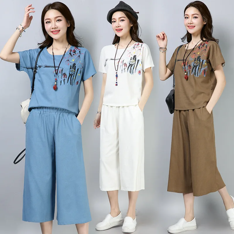 

Photo Shoot Summer New Style Retro Casual Cotton Linen WOMEN'S Suit Printed Sleeves Loose-Fit Loose Pants Cotton Linen Two-Piece
