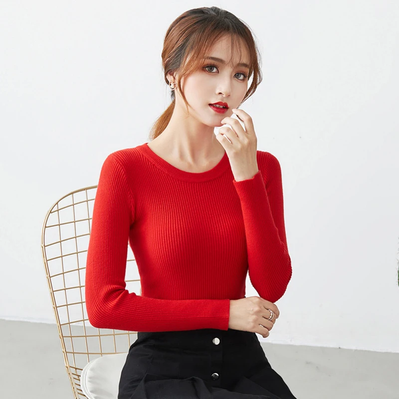 Fashion new women's long sleeve sweater Korean Round neck slim long soft thin Knitwear inside sleeve all-match pullover top 1
