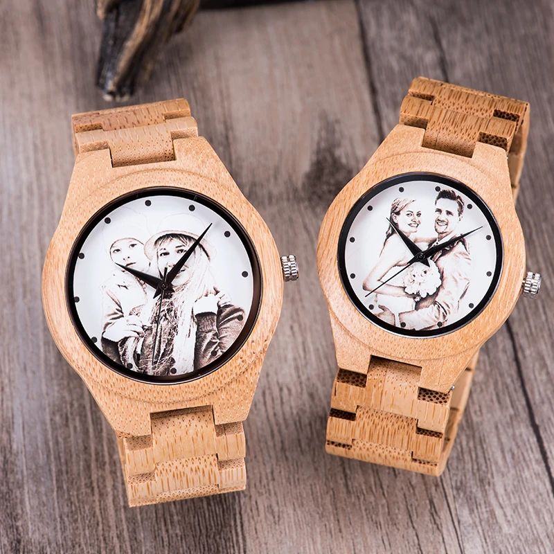 BOBO BIRD Lovers Watches Man Wooden Print Customize Photo Timepieces Women Luxury Quartz Wristwatch Handmade