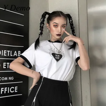 

Y Demo Harajuku Summer Heart Printing Women T-shirt Chic Grunge Color Patchwork Female Cute Tees New