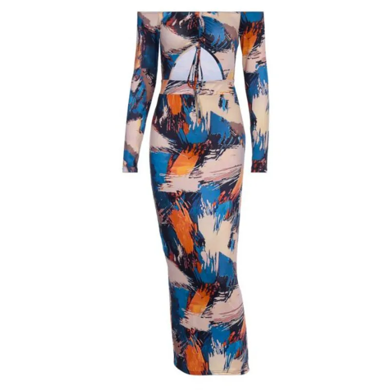 2020 Long Sleeve Colorful Print Slash Neck Bodycon Long  Dress Women Chest  Hollow-Out Sexy   Party Elegant Clothing