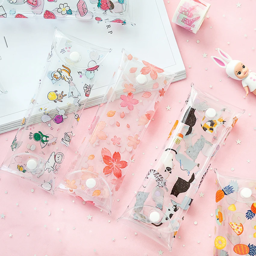 

Novelty Fruit Pattern Transparent Pencil Bag Students Stationery PVC Plastic Button Pen Box School Pencil Case Storage Glasses