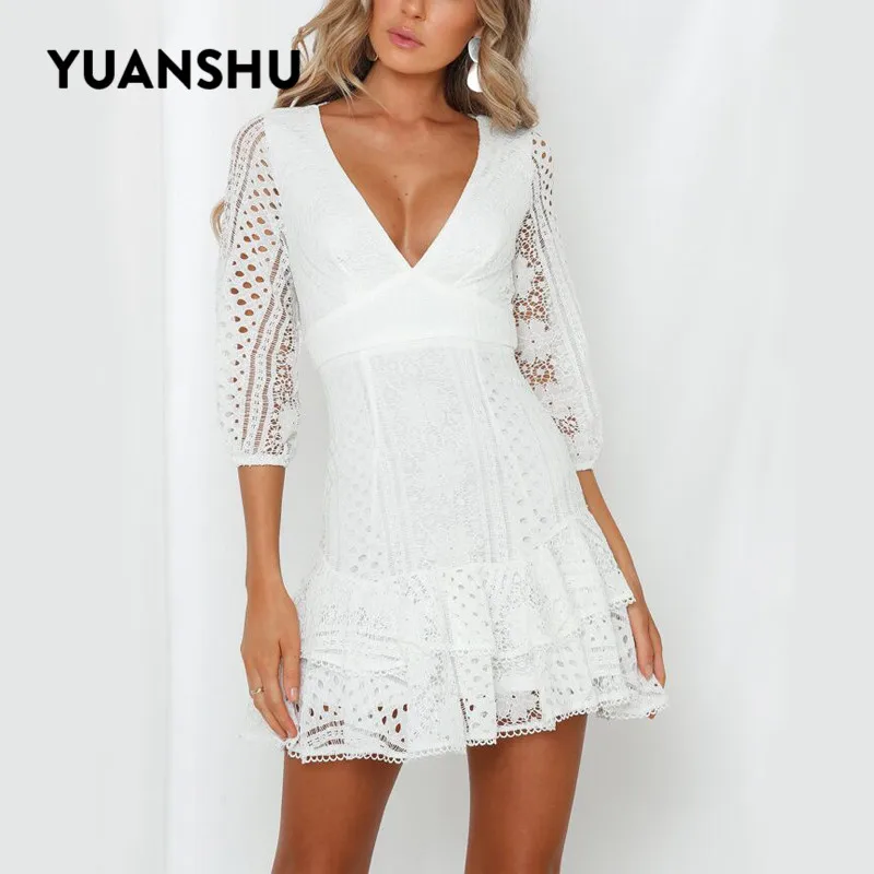 YUANSHU, летнее, белое, кружевное, открытое, пуловер, мини платье, женское, v-образный вырез, молния, половина рукава, тонкое платье, сексуальные, вечерние, платье