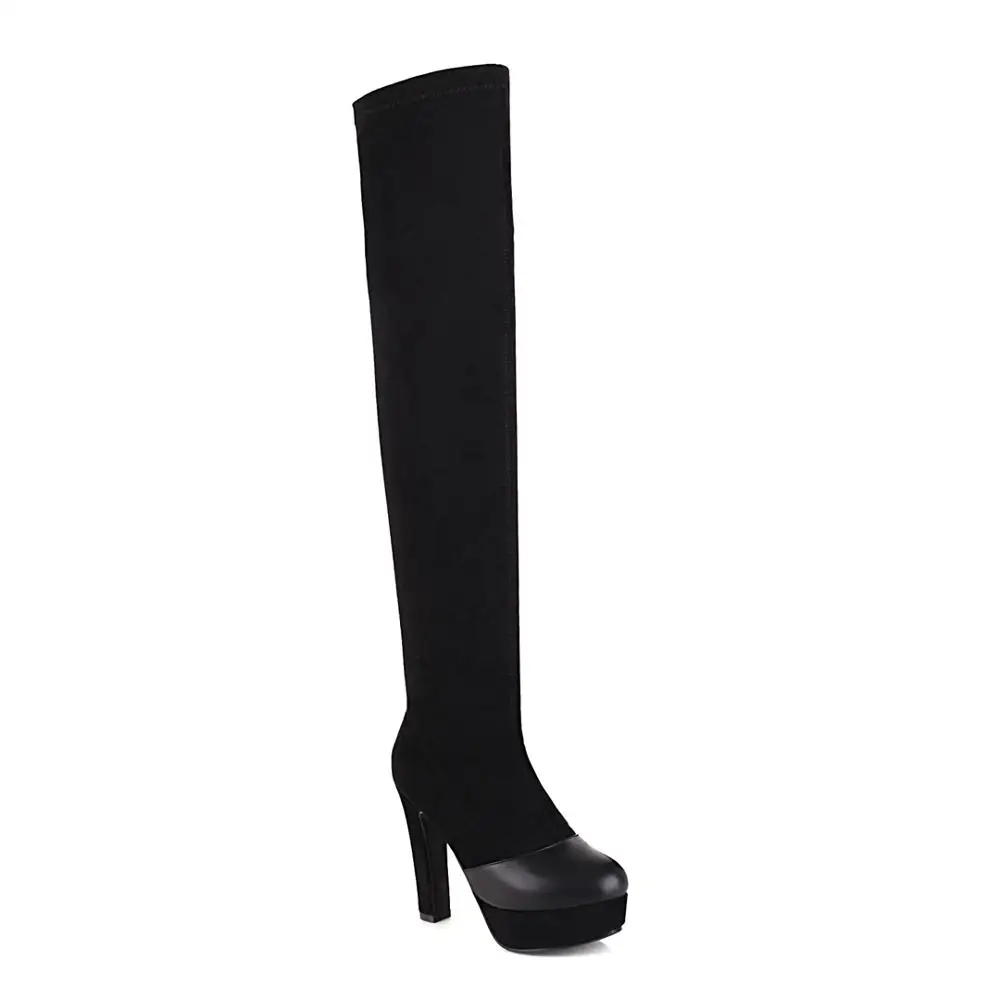 

Round Toe Thick Heel High Waterproof Platform Stretch Cloth Over The Knee Boots Super High Heel Stretch Leather Velvet Sexy Boot
