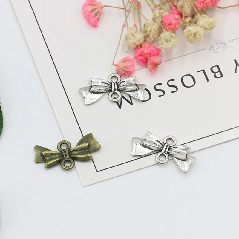 

50pcs Silver Bronze Antique color Bow Pendants Double Ring Hook Findings For Diy Jewelry Making Necklace Bracelet Accessories