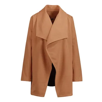 

Women Coats Retro Autumn Winter Lapel Cardigan Pure Color Long Sleeve Pocket Middle Length Fashion Coat