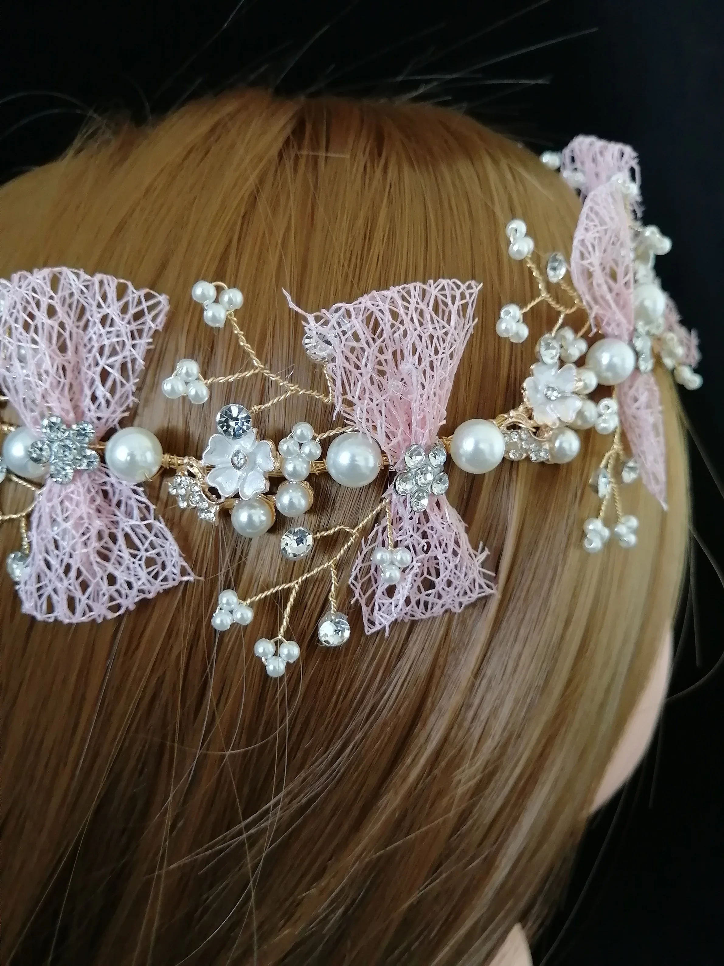 Превосходный розовый лук свадебные диадемы повязки на голову Hairwear Chaplet парикмахерские ювелирные аксессуары, роскошный Корейский свадебный гребень