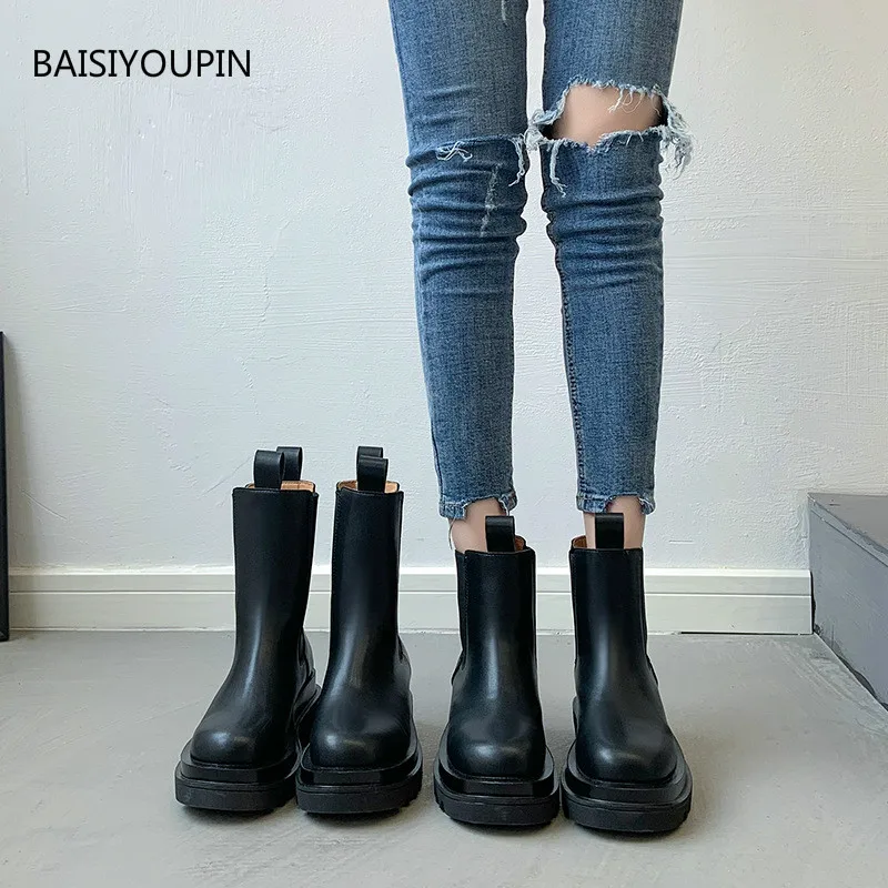 

Casual Women Shoes Martin Boots Solid Black Fashion New Genuine Leather Round Toe 5cm High Heels Female Pumps Shoes High-quality