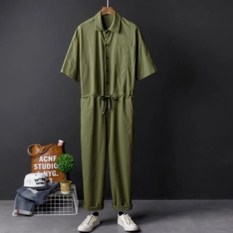 

Harajuku Summer Hip Hop Short Sleeve Single Breasted Mens Jumpsuits Drawstring Waist Pockets Casual Loose Male Cargo Overalls