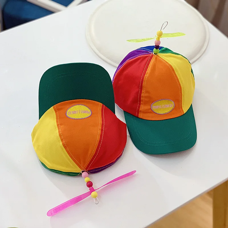 

Summer Children's Hat Men And Women Child Baby Propeller Rotating Bamboo Dragonfly Hat Mixed Colors Brim Hat College Style Baseb