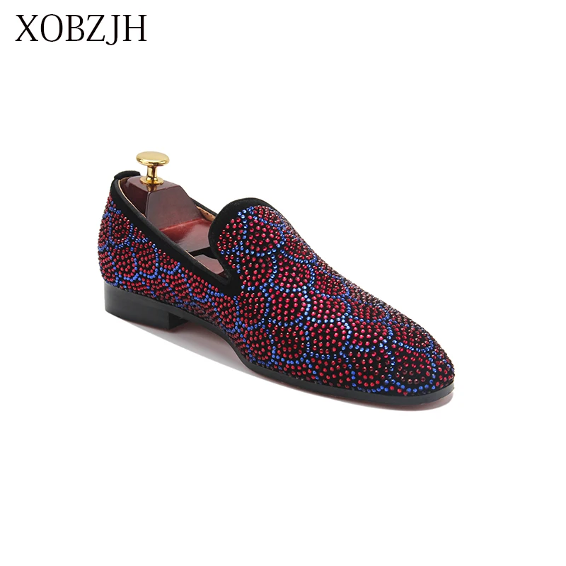 XOBZJH 2019 Shoes Male Loafers Summer Men Luxury Prom Wedding Red Rhinestone Shoes Italian Red Bottom Slip On Shoes DHL Shipping