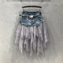 

Mesh Stitching Skirt Women's Slim Asymmetric Skirt High Waist Plus Size Jean Skirts for Woman Mini Black Skirt