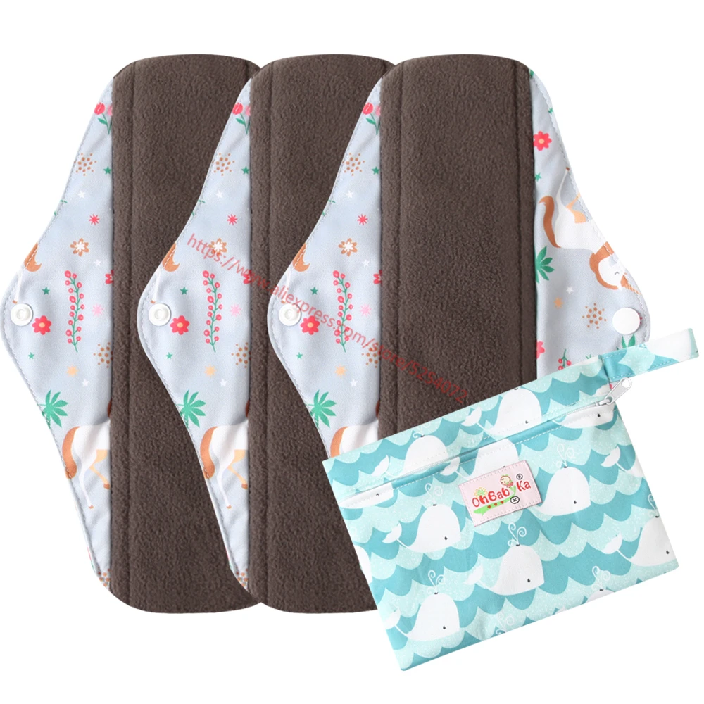 Ohbabyka набор из 3 предметов, женские менструальные прокладки, многоразовые моющиеся прокладки для трусиков, угольный бамбуковый слой, гигиенические прокладки с 1 тканевой влажной сумкой - Color: 3