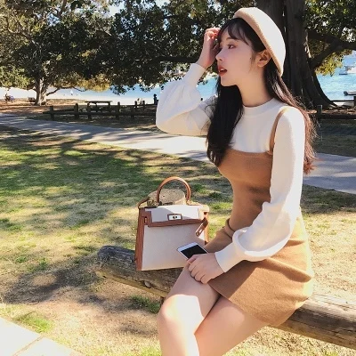 short brown Женское платье-свитер, осенне-зимнее эластичное трикотажное платье трапециевидной формы с длинным рукавом, женское облегающее трикотажное платье - Цвет: short brown
