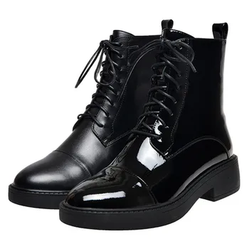 

Mobetty Women Cowhide Lace-Up Ankle Boots Casual Flat Platform Classic Short Booties Patent Leather Matin Boots Botas Feminina