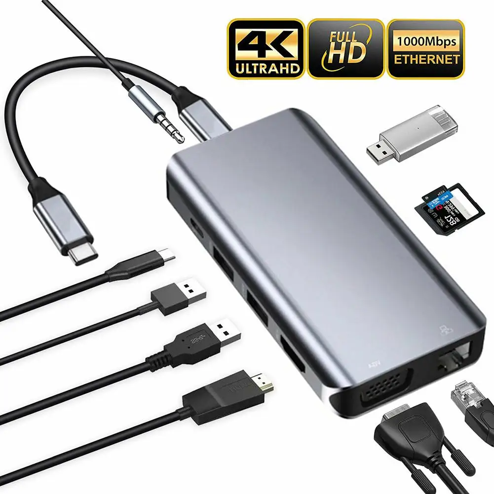 Адаптер USB Type C-HDMI 4K VGA RJ45 Lan Ethernet SD TF USB-C C 3 0 5 мм разъем аудио видео конвертер для MacBook