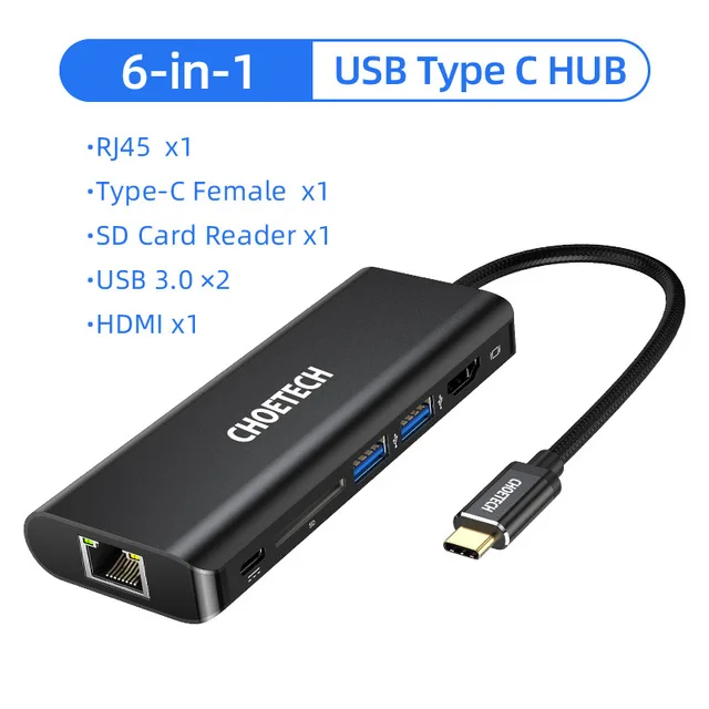 CHOETECH 9 в 1 usb-хаб C концентратор для нескольких USB 3,0 HDMI VGA SD/TF кард-ридер адаптер для MacBook Pro разветвитель порт USB 3,0 type C концентратор - Цвет: 6 in 1 HDMI no PD