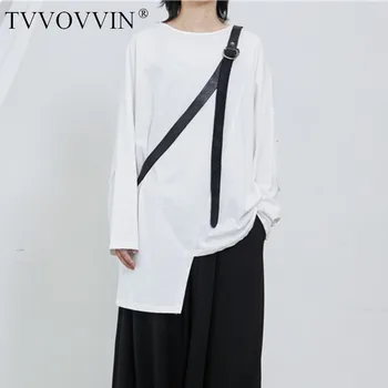 

loose Womenw White Brief Asymmetrical Big Size T-shirt Round Neck Long Sleeve Fashion Tide Spring Summer 2020 H25L