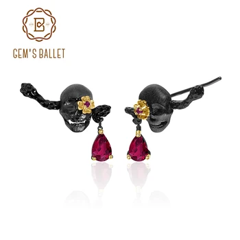 

GEM'S BALLET 1.26Ct Natural Ruby Filed Glass Skull Stud Earrings 925 Sterling Silver Earrings For Women Halloween Jewelry