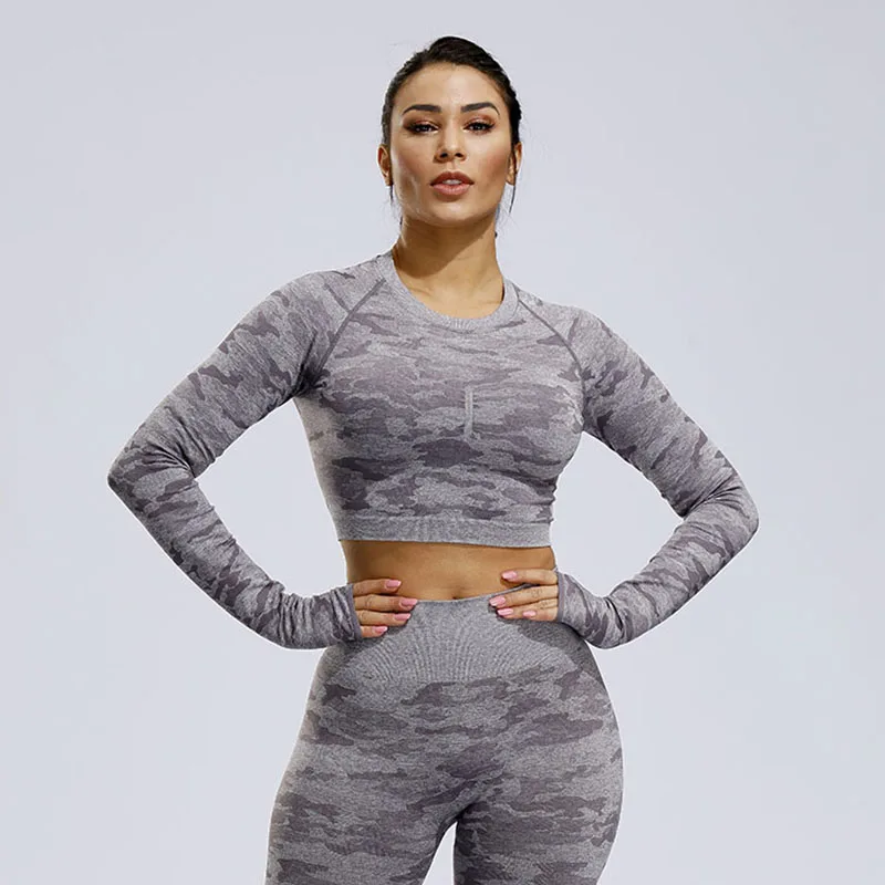 

2019 Seamless Camouflage Yoga Top Crop Top Gym Yoga Long Sleeve Women Thumb Hole Sport Fitness Workout Sports Active Wear Shirt
