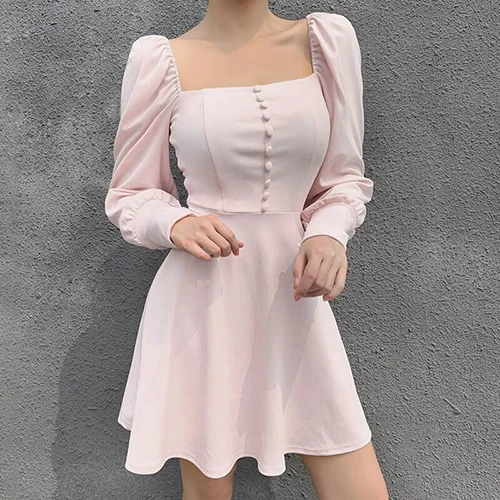 Pink Винтажное платье-рубашка с квадратным воротником, однобортное платье с длинным рукавом, с открытой спиной, а-лин, с рюшами, однотонное лоскутное вязаное платье для женщин - Цвет: Pink