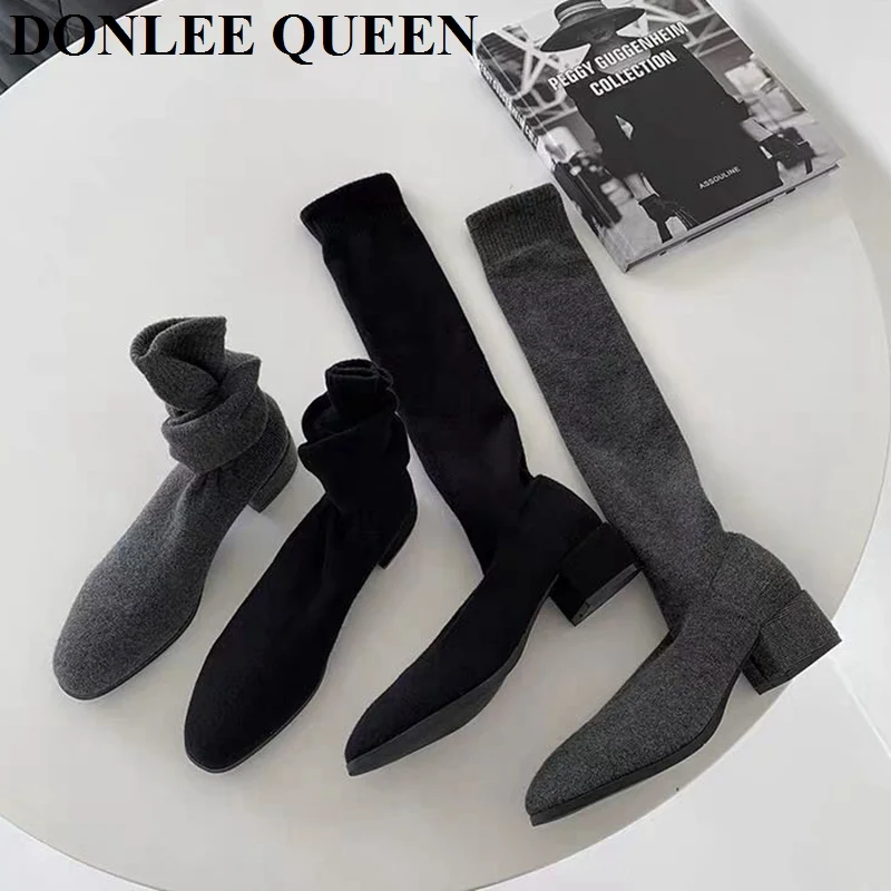 

2020 Sexy Woman Stretch Socks Boots ladies Slim Elastic Knitted Over The Knee Boots Round Toe Low Heel Shoes Women Zapatos Mujer