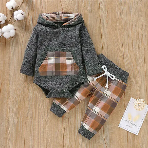Toddler Infant Baby Boy Girl Cotton Long Sleeve Grid Hooded Romper Tops+Long Plaid Pants Autumn Winter Outfits 2PCS Set 0-18M