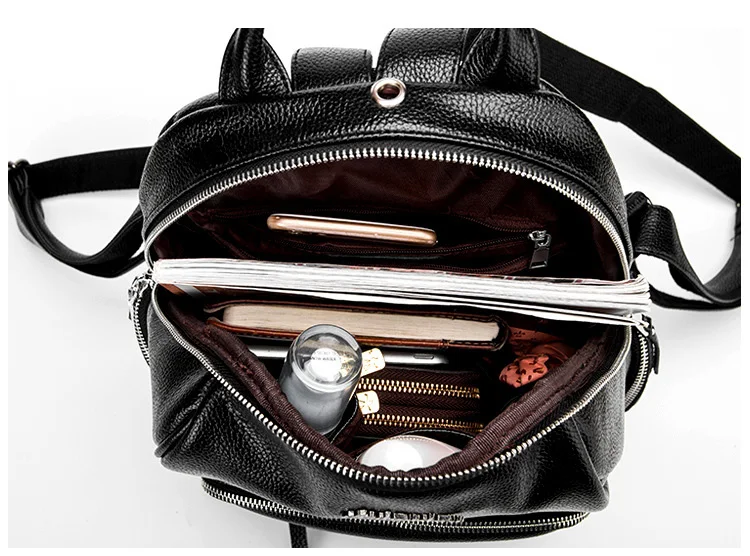 Double zipper Women Backpack Retro Black Ladies Large Soft Real Leather Backpacks Purse 15 inch Casual Girls School knapsack Bag (19)