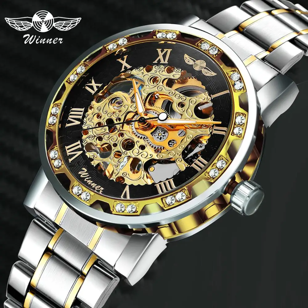 Cheap WINNER Official Skeleton Mechanical Watch Men Hip Hop Crystal Iced Out Mens Watches Top Brand Luxury Steel Strap Business Clock