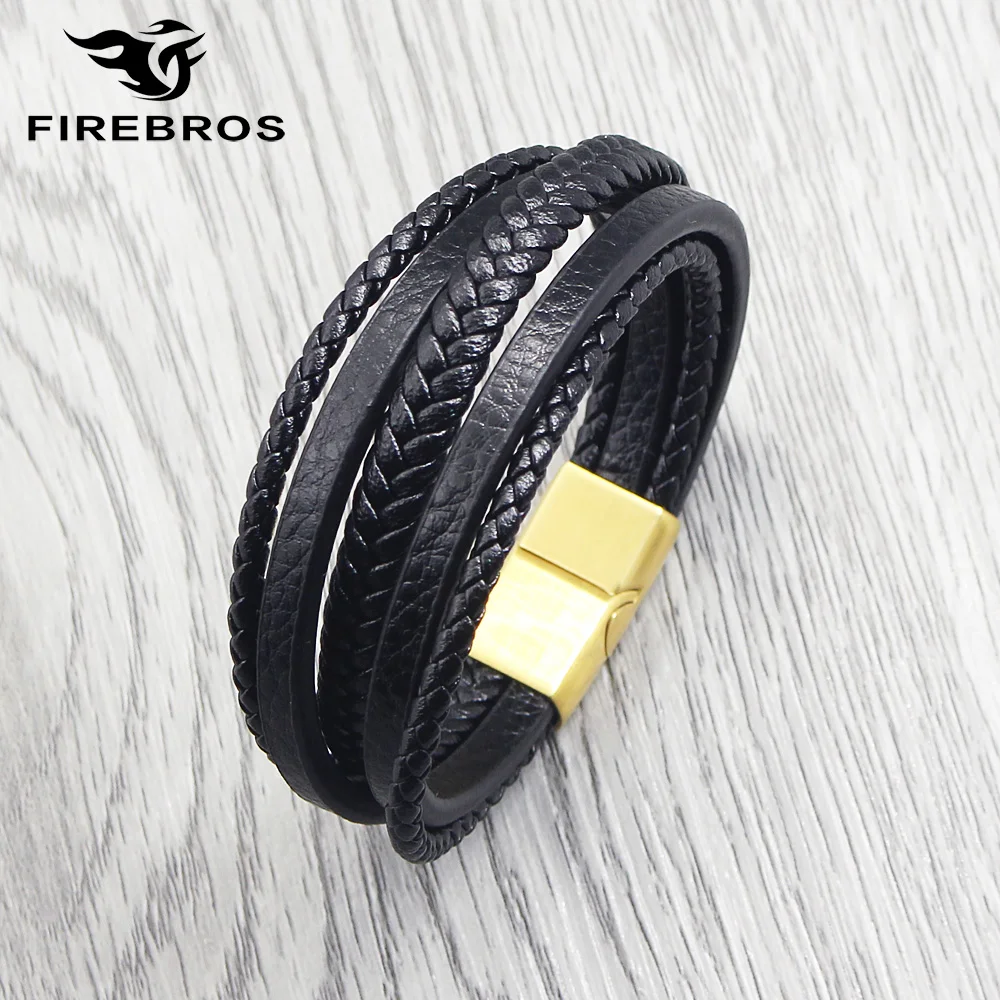 FIREBROS,, золотой, серебряный, черный, нержавеющая сталь, магнитная застежка, многослойный браслет из натуральной кожи, мужской браслет, хип-хоп ювелирное изделие, подарок