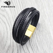 FIREBROS,, золотой, серебряный, черный, нержавеющая сталь, магнитная застежка, многослойный браслет из натуральной кожи, мужской браслет, хип-хоп ювелирное изделие, подарок