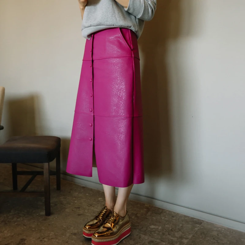 [DEAT] Женская юбка из искусственной кожи в Корейском стиле для отдыха, украшенная розовыми пуговицами, длина до середины икры, высокая талия, модный тренд AQ124