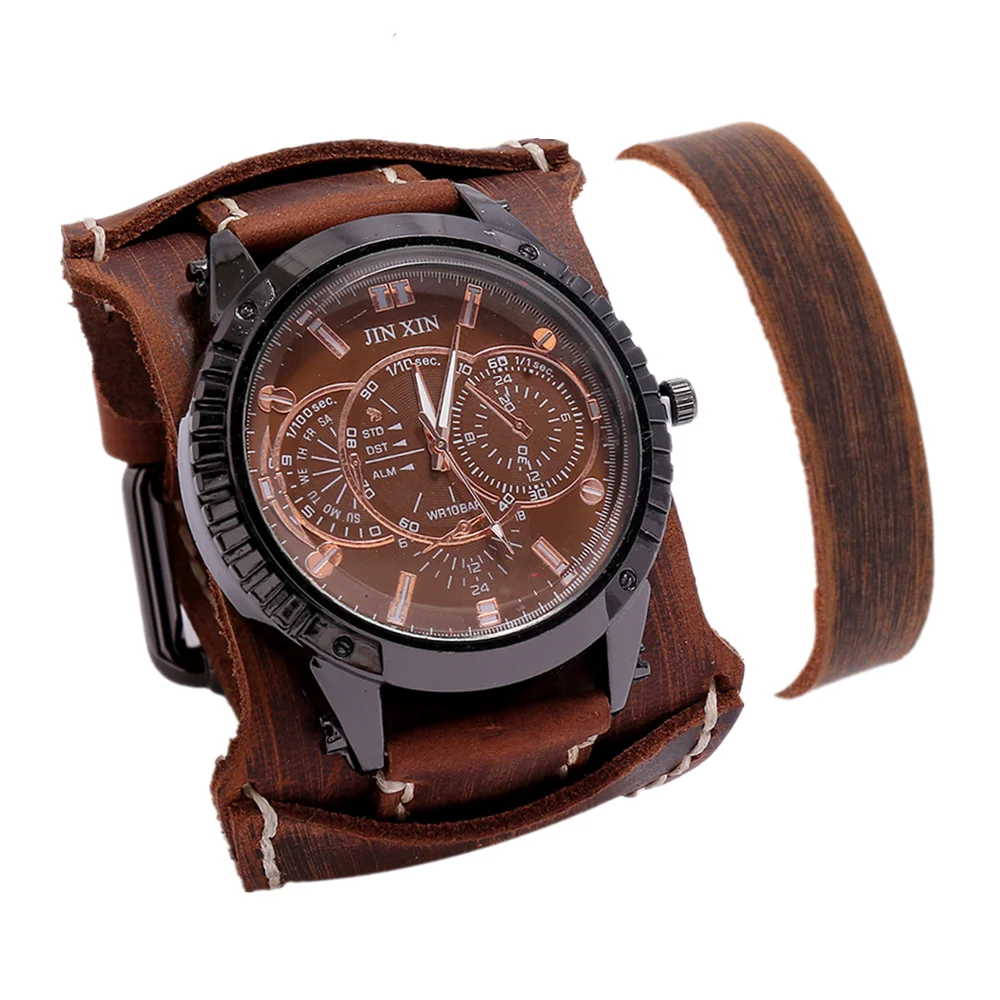 Men Watch Luxury Watch Quartz Wristwatches Big Dial Watch Vintage Punk Style Fashion Sport Watch Men Leather Strap Men Gift Set